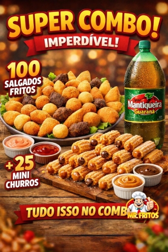 100 Salgadinhos + 25 Churros Doce de Leite + Mantiqueira 2 L