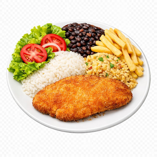 Filé Frango Milanesa+Arroz+Feijão+Farofa+ Fritas+Salada