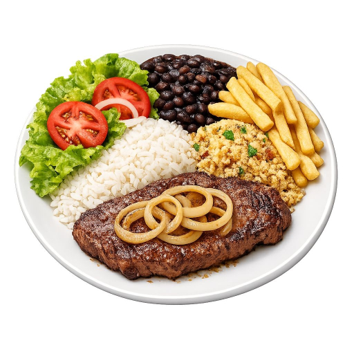 Bife Acebolado +Arroz+Feijão+Farofa+ Fritas+Salad