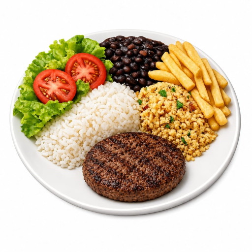 Burguer Vegano +Arroz+Feijão+Farofa+ Fritas+Salada