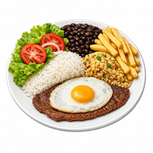 Bife A Cavalo +Arroz+Feijão+Farofa+ Fritas+Salada