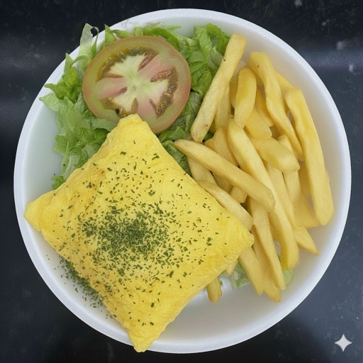 230 *mini* Omelete, Arroz,feijão, Farofa, Fritas e Salada