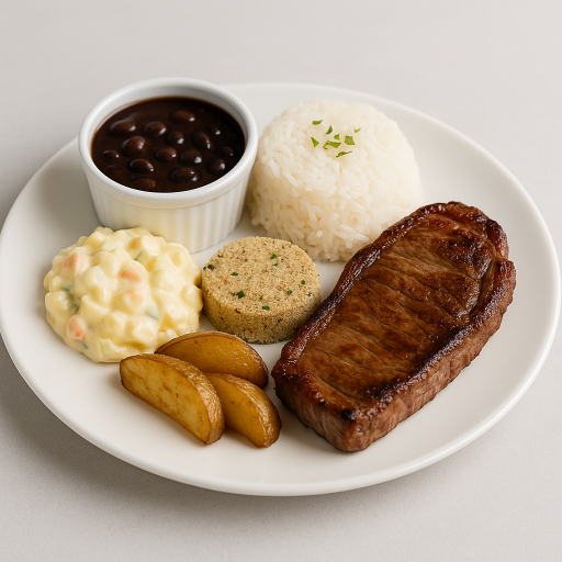 Contra File Grill, Maionese, Farofa, Arroz e Feijao