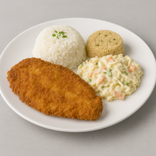 Filé de Frango A Milanesa, Salpicão, Arroz e Farofa de Ovos