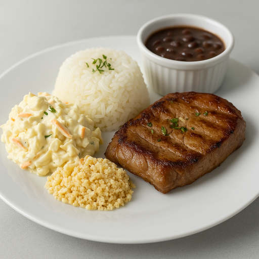 Pernil Grelhado, Salpicão, Arroz e Feijao