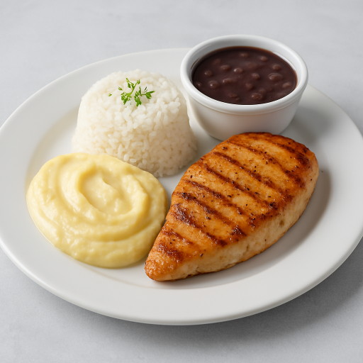 File de Frango Grelhado, Pure de Batas, Arroz e Feijão