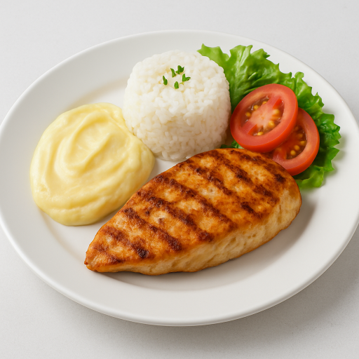 File de Frango Grelhado, Arroz, Purê, Saladinha