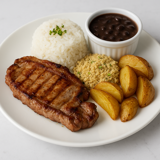 Pernil Grelhado, Arroz, Farofa, Batata Rustica e Feijão