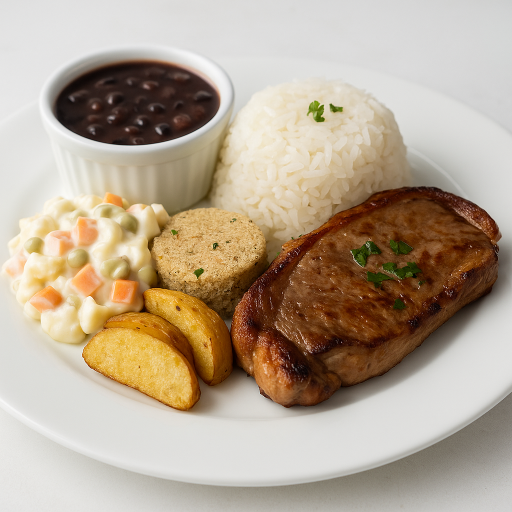 Pernil Grelhado, Arroz, Farofa, Maionese e Feijão