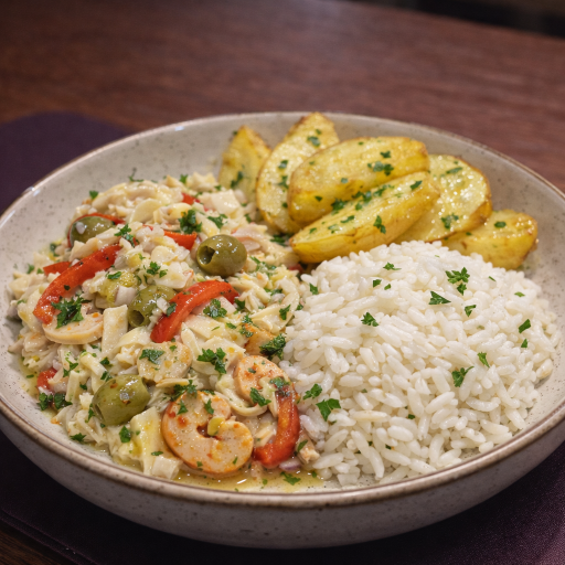 Salada de Bacalhau Com Batata Canoa e Arroz Branco