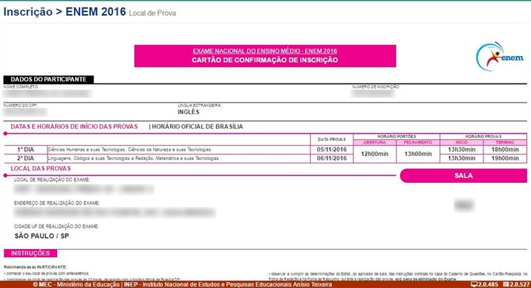 Exemplo de cartão de confirmação de local de prova. (Foto: Reprodução/Inep)