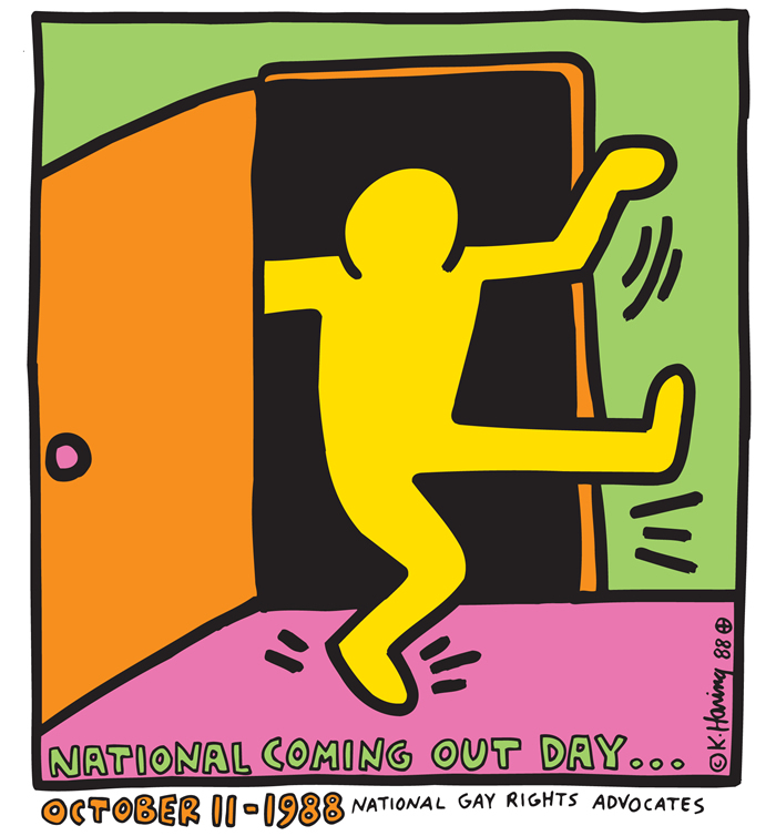 Logo para o "National Coming Out Day" (Dia Nacional de Sair do Armário, feito por Keith Haring