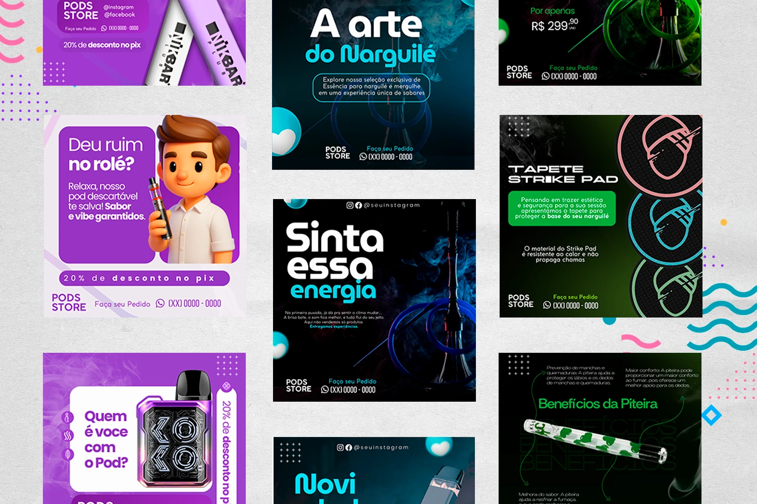 Pack de Posts Prontos com Legendas para o Canva - Tabacaria - Pods - Vape e Narguilé - Imagem 29
