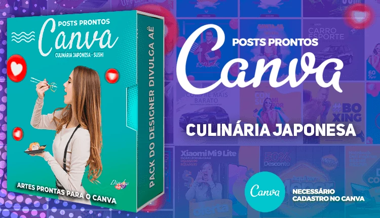 Mega Pack de Posts para o Canva -  Culinária Japonesa - Sushi + Legendas Prontas