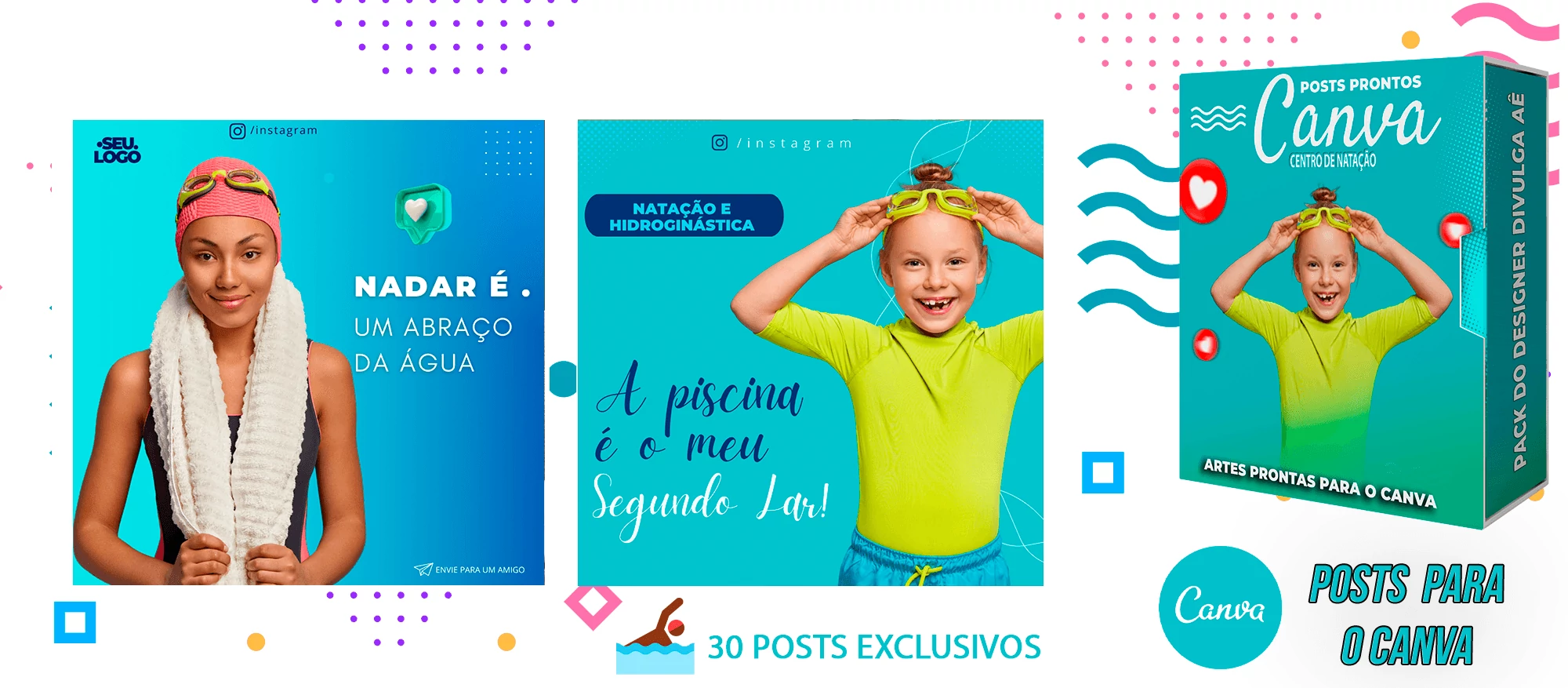 Pack de Posts com Legendas Prontas Escolas de Natação no Canva - Imagem 2