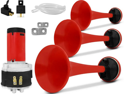 Buzina eletropneumatica de ar 3 cornetas vermelhas 12v