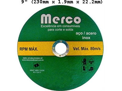 Disco corte merco aco inox 9 230mm x 1 9mm x 22 2mm