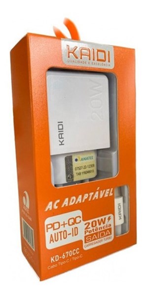 CARREGADOR COMPLETO TIPO-C 20W KAIDI KD-108CC