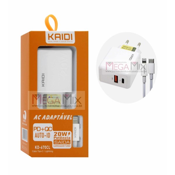 CARREGADOR COMPLETO IPHONE 20W KAIDI KD-108S