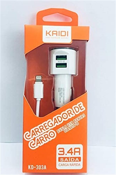 CARREGADOR COMPLETO VEICULAR 3.4A KAIDI +2 SAÍDAS (KD-303)