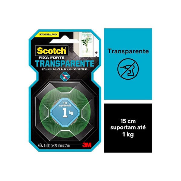FITA DUPLA FACE SCOTCH FIXA FORTE TRANSPARENTE 24mmx2,0m         3M
