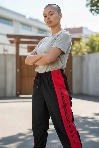 Calça sarja brim preta com vermelho - Taekwondo