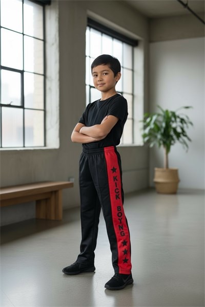 Calça sarja brim preta com vermelho - kickboxing