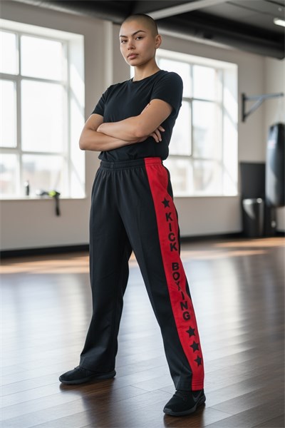 Calça sarja brim preta com vermelho - kickboxing