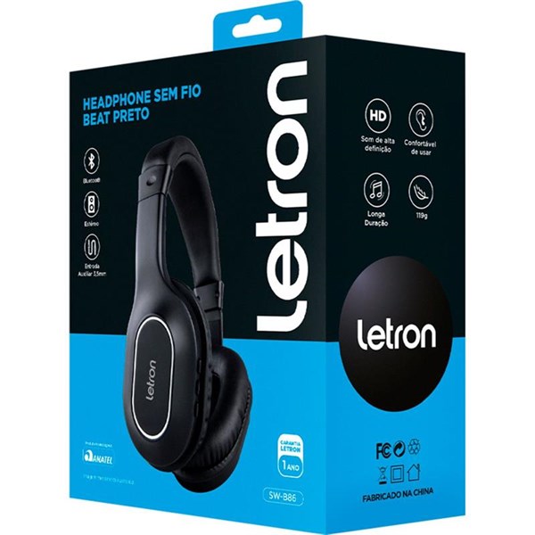 Fone de Ouvido Bluetooth Letron Headphone Beat sem Fio Preto - Leonora