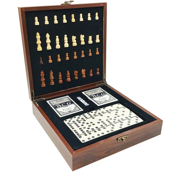 Kit de Jogos Xadrez Dominó Baralho C/ Maleta 24x24cm em Madeira Rio Master