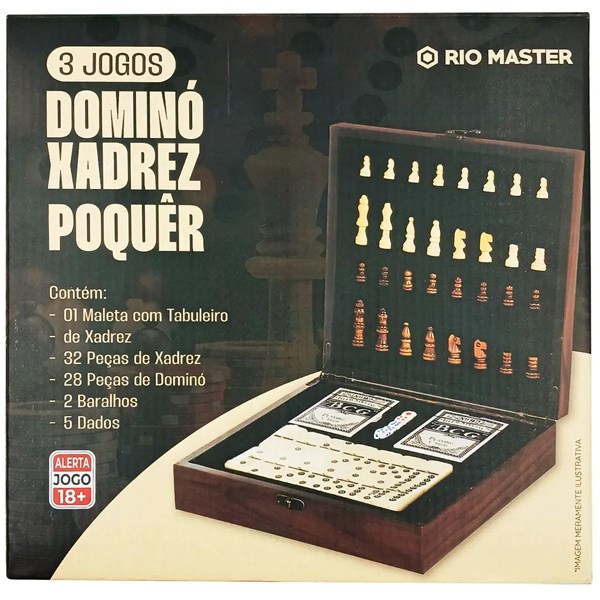 Kit de Jogos Xadrez Dominó Baralho C/ Maleta 24x24cm em Madeira Rio Master