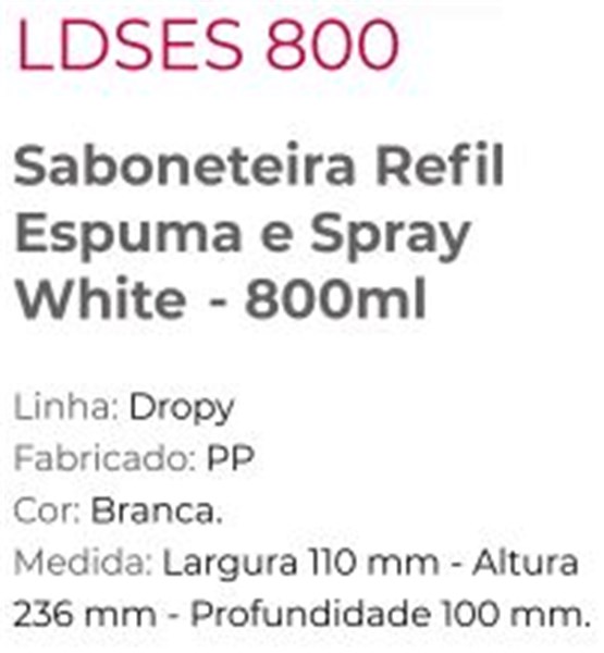 DISPENSER SABONETEIRA REFIL ALCOOL SPRAY - SENSY (LDSES800)