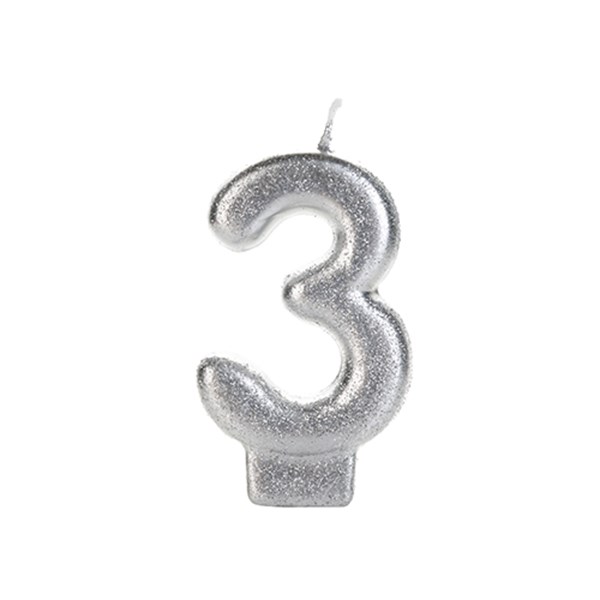 Vela prateada glitter numero 3 silver festas