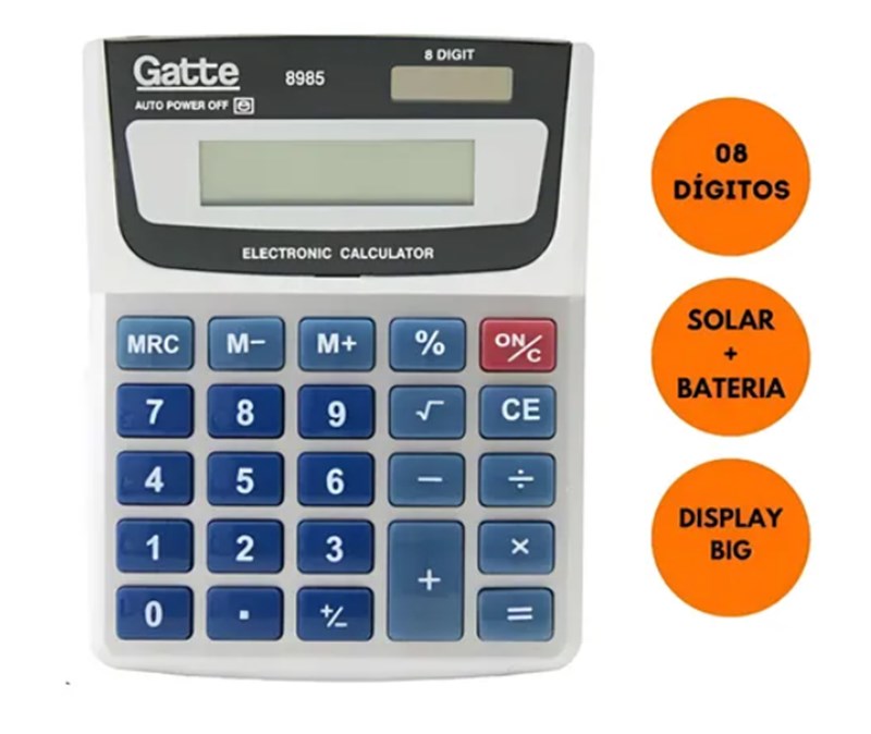Calculadora 8 digitos 8985 126x97x31 solar e bateria gatte