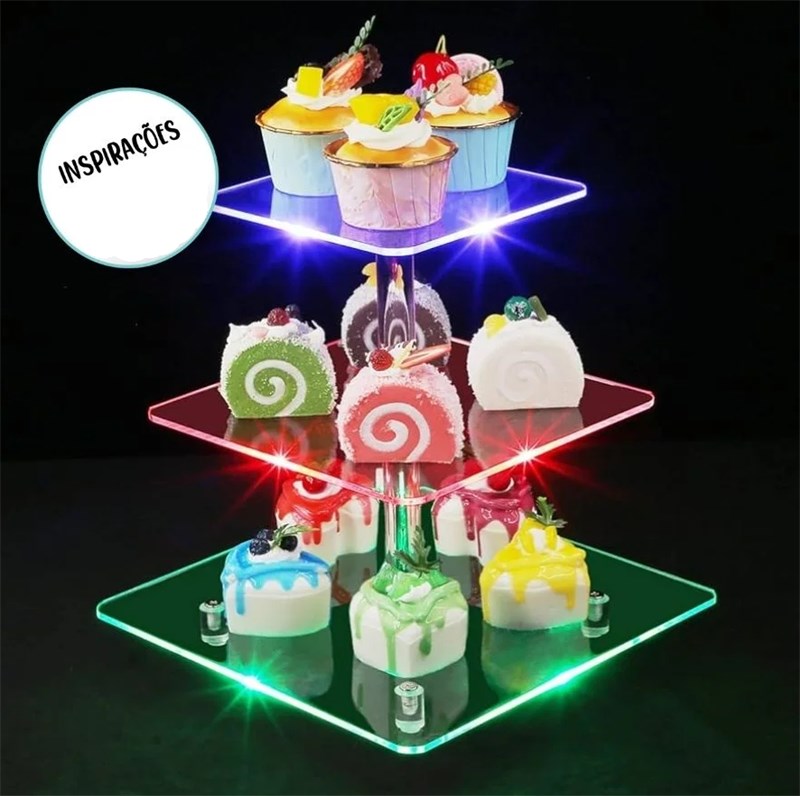 Boleira de acrilico quadrada com led 3 camadas silverfestas