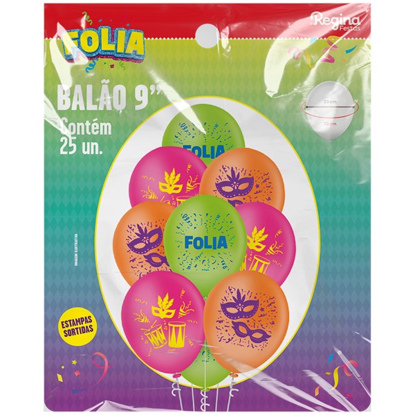 Balão latex redondo 9 pol carnaval 25un regina