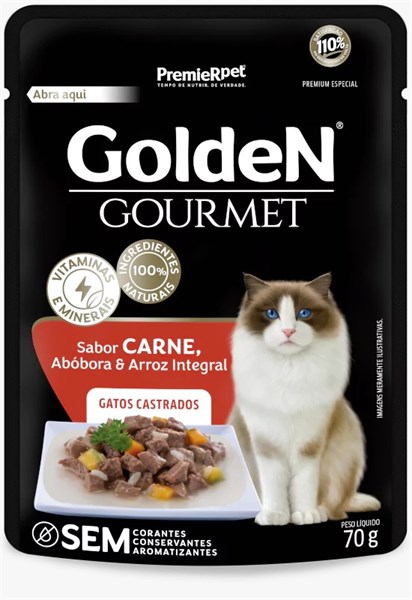 Sachê Golden Gatos Castrados Sabor Carne, Abóbora e Arroz Integral 70G