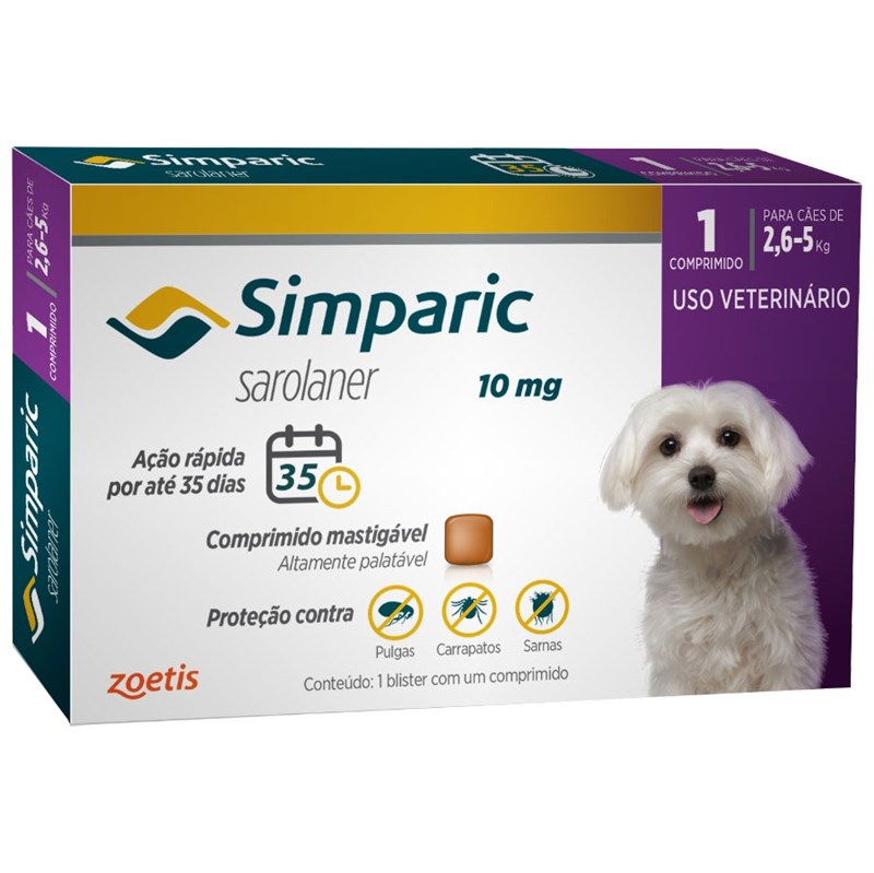 Antipulgas Simparic 10mg Para Cães 2,6 a 5kg - 1 Comprimido