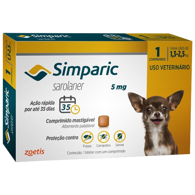 Antipulgas Simparic 5mg Para Cães 1,3 a 2,5kg - 1 Comprimido