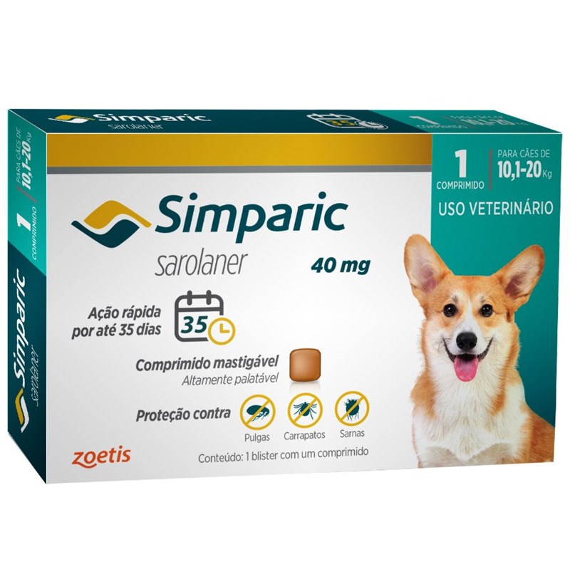 Antipulgas Simparic 40mg para Cães 10,1 a 20kg - 1 Comprimido