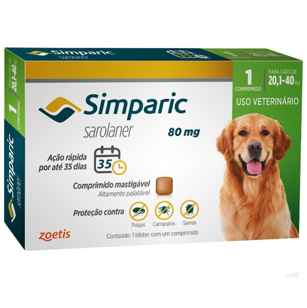 Antipulgas Simparic 80mg para Cães 20,1 a 40kg - 1 Comprimido