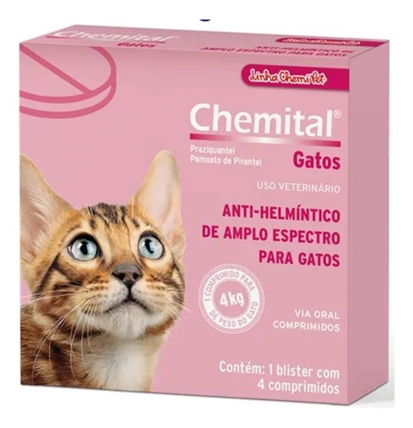 Vermífugo Chemital para Gatos Com 4 Comprimidos