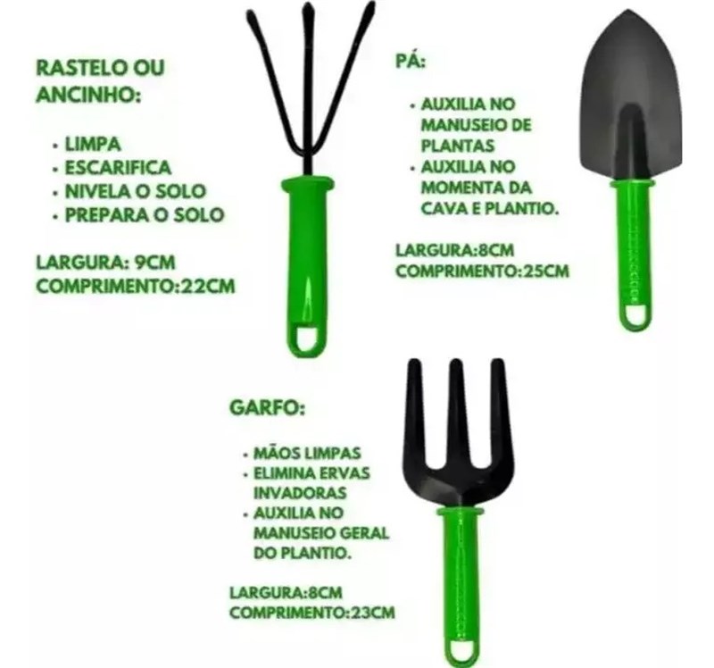 Kit Jardinagem com 3 Peças Cabo de Plastico Verde