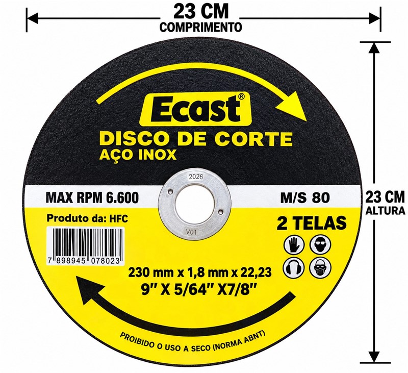 DISCO DE CORTE ACO INOX 230MM X 1,9MM X 22,23 23X23CM