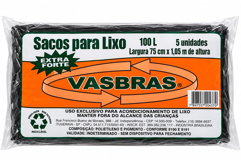 SACO DE LIXO 100L C/5 UN PRETO 75X1,5CM