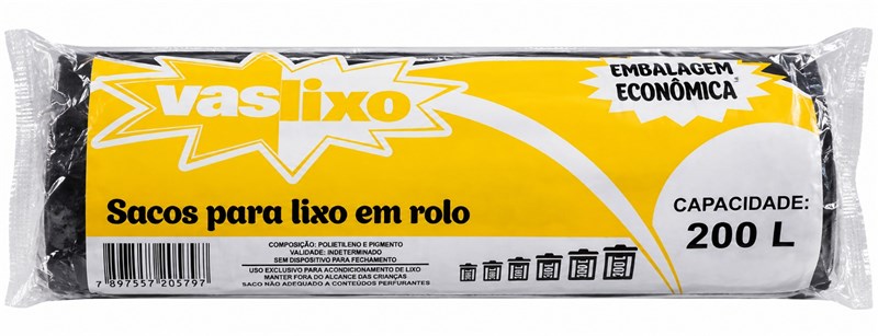 SACO VASLIXO DE ROLO 200L C/10UN PRETO 24X8X8CM