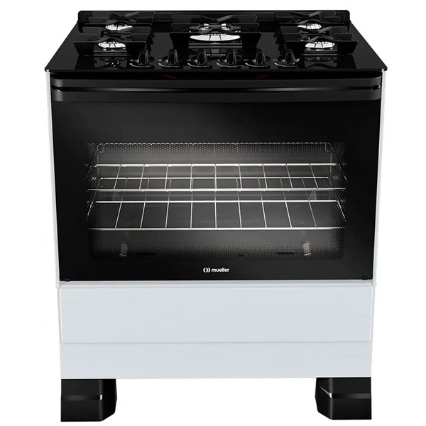 Fogão Mueller 5 bocas Branco com Mesa de Vidro e grades de ferro fundido