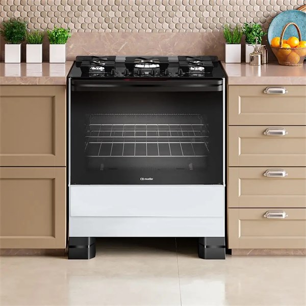 Fogão Mueller 5 bocas Branco com Mesa de Vidro e grades de ferro fundido