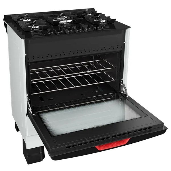 Fogão Mueller 5 bocas Branco com Mesa de Vidro e grades de ferro fundido