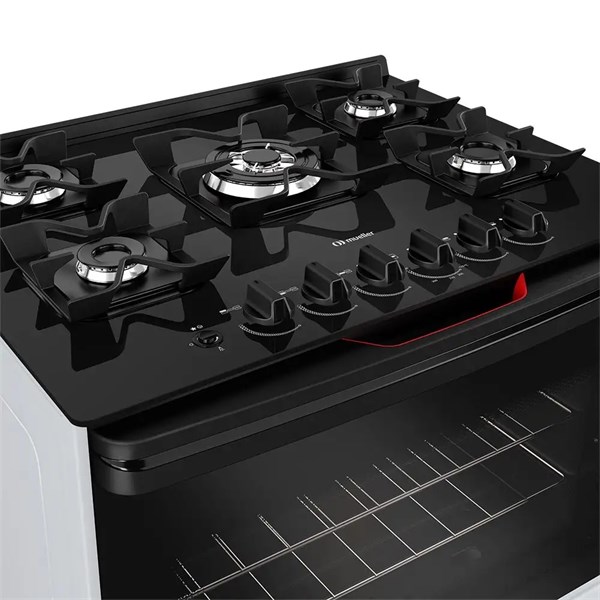 Fogão Mueller 5 bocas Branco com Mesa de Vidro e grades de ferro fundido